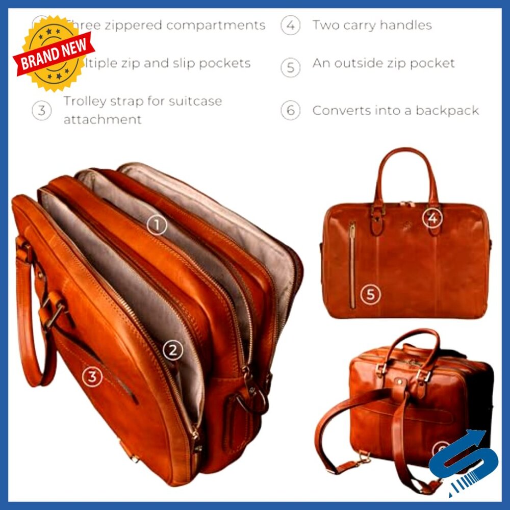 Full Grain Leather Laptop Briefcase Backpack Convertible 15" Messenger Bag - Picture 6 of 7